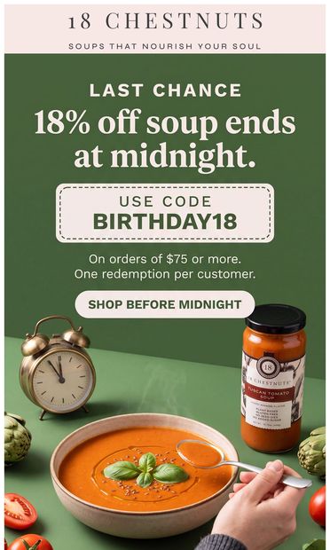 Shop Ilona’s birthday sale now, before it’s gone tonight - email from 18 Chestnuts