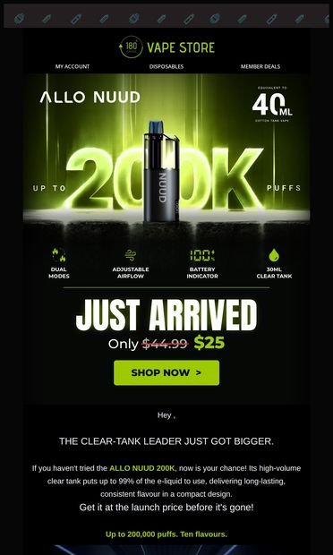 200K puffs - The new ALLO NUUD - email from 180 Smoke