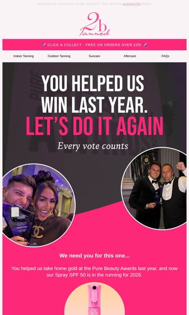 You helped us win gold. Let's do it again.  🏆 - email from 2bTanned