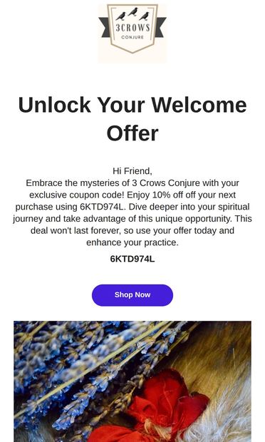 Don't miss out on your special offer - email from 3 Crows Conjure