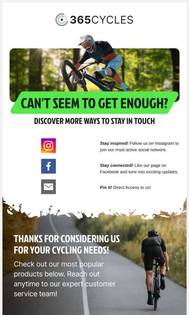 Follow us on social media! - email from 365 Cycles