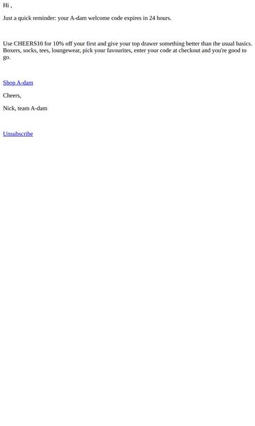 Your welcome code expires in 24 hours - email from A-dam Underwear