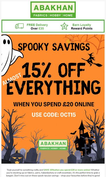 Spooky Savings Online – Save 15% Today! - email from Abakhan