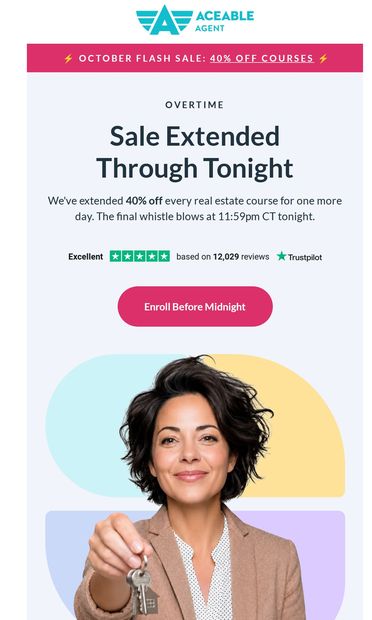 Overtime: 40% off for one more day - email from AceableAgent