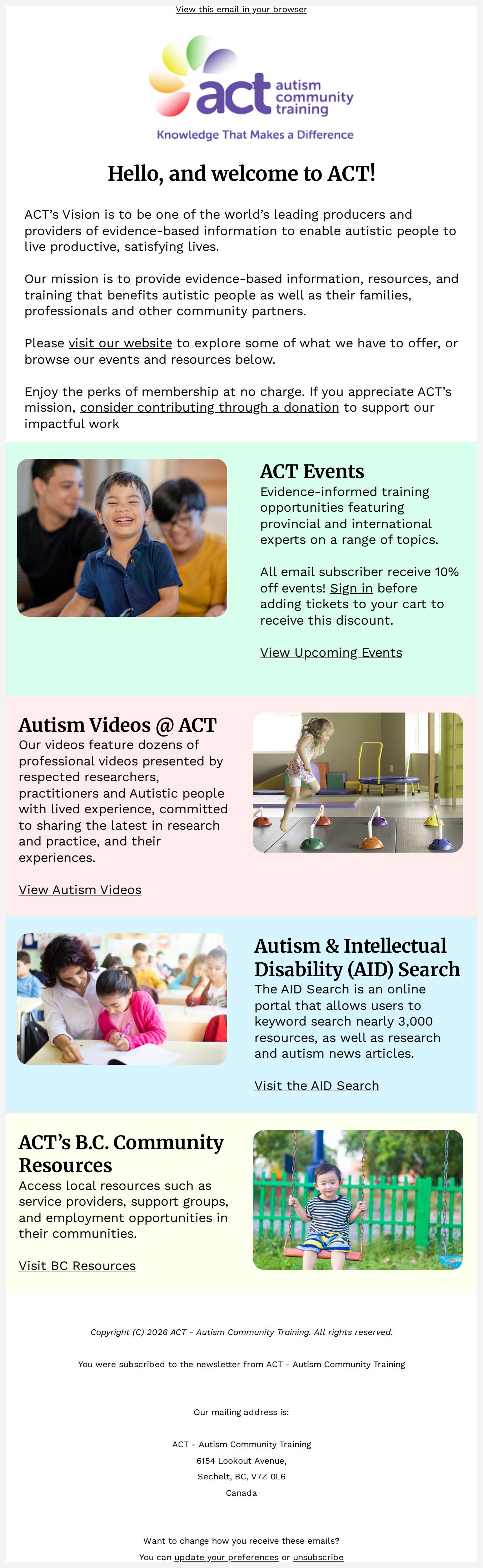 Welcome from ACT - Autism Community Training - email from ACT