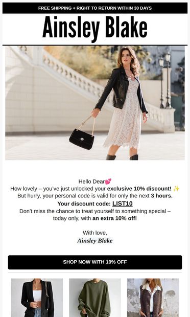 As promised, your discount code - email from Ainsley Blake