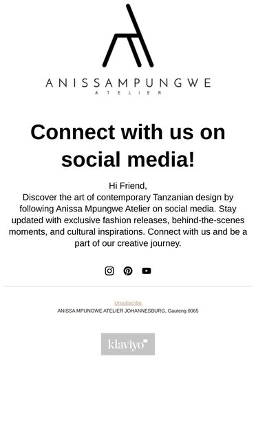 Follow us for the latest in Tanzanian design. - email from Anissa Mpungwe