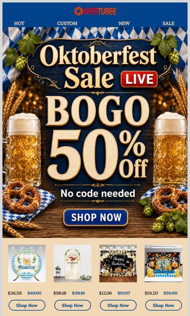 Oktoberfest is weeks away — but BOGO 50% off starts NOW 🎉 - email from Aperturee