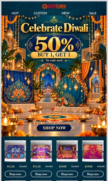 Diwali party backdrop + photo backdrop = BOGO 50% off 📸 - email from Aperturee