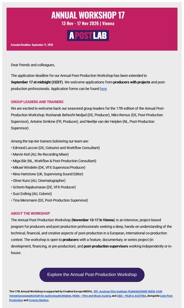 Deadline Extended for the Annual Post-Production Workshop - email from APostLab