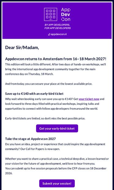 Early-bird tickets are live: save up to €140 - email from Appdevcon