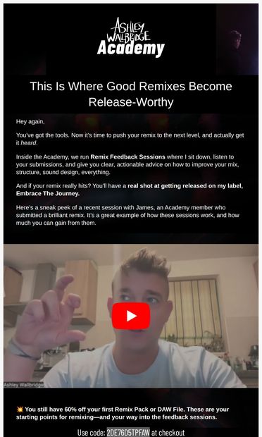 See How Remix Feedback Can Launch Your Music 🚀 (Plus Your Discount Reminder) - email from Ashley Wallbridge Academy