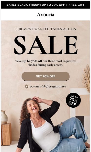 Our top bra tanks are 70% off - email from Avouria