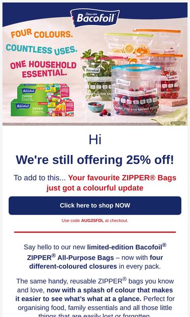 Limited Edition Zipper Bags! 25% off + free delivery - email from Bacofoil