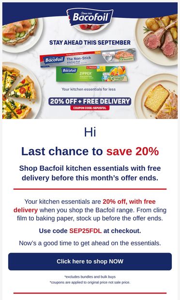 Last chance: 20% off kitchen essentials ends soon 🎉 - email from Bacofoil