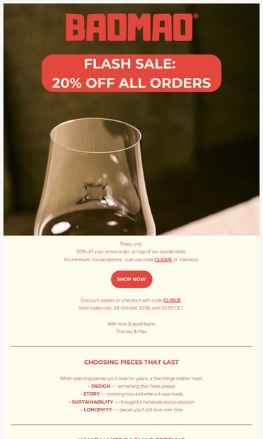 Today only. 20% off everything. - email from BaoMao