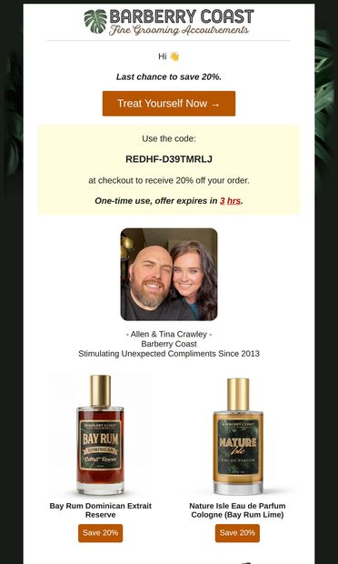 Last Chance to Save 20% - email from Barberry Coast
