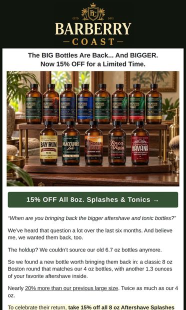 Introducing our New 8oz bottles 🎉 - email from Barberry Coast