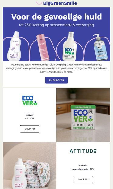 Tot 25% korting voor de gevoelige huid - email from BigGreenSmile
