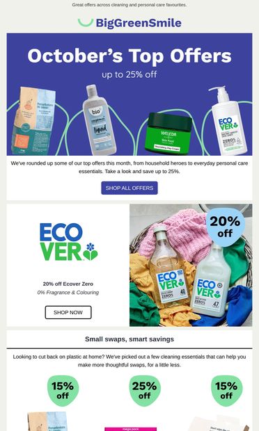October's Top Offers: Up to 25% off ✨ - email from BigGreenSmile