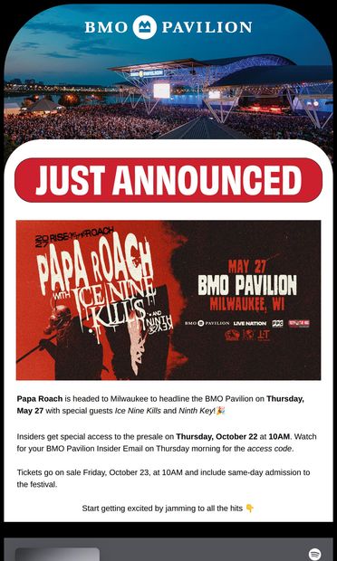JUST ANNOUNCED: Papa Roach, Thursday, May 27✨ - email from BMO Pavilion