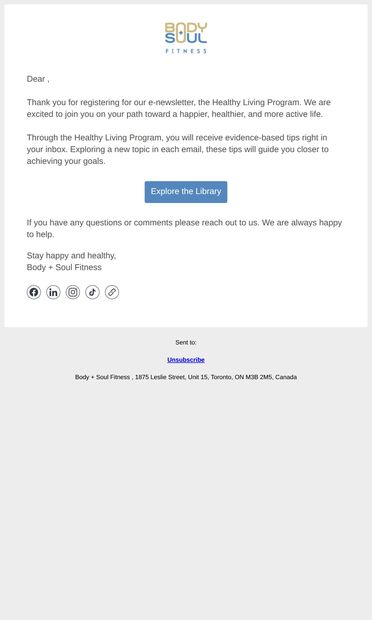 Welcome to the Healthy Living Program - email from Body + Soul Fitness