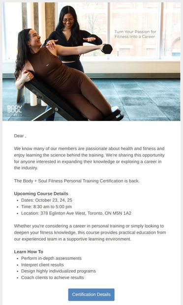 Your Fitness Passion Could Become a Career — Here's How - email from Body + Soul Fitness