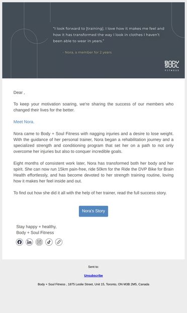 Unlock Inspiration: Meet Nora - email from Body + Soul Fitness