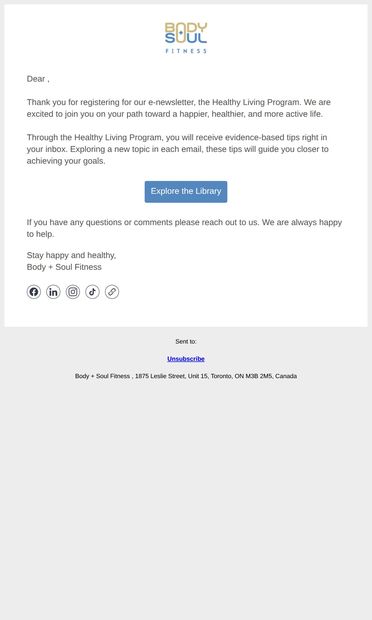 Welcome to the Healthy Living Program - email from Body + Soul Fitness