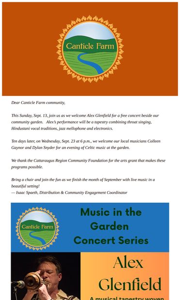 Music in the Garden, 3 p.m. this Sunday: Alex Glenfield - email from Canticle Farm