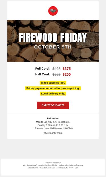 Firewood Friday: $50 off a full cord - email from Capelli's