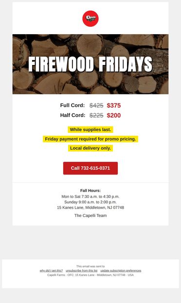 Firewood Fridays: $50 off a full cord - email from Capelli's