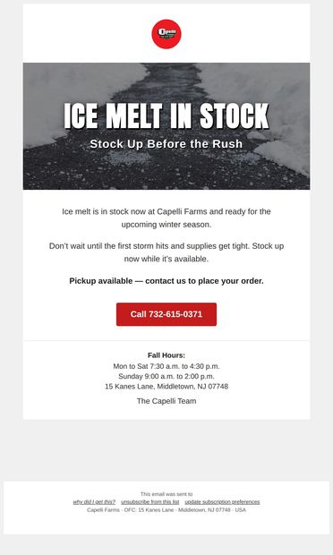Ice Melt In Stock — Stock Up Before the Rush - email from Capelli's