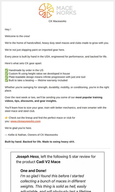 Your Mace Training Just Leveled Up - email from CK Maceworks