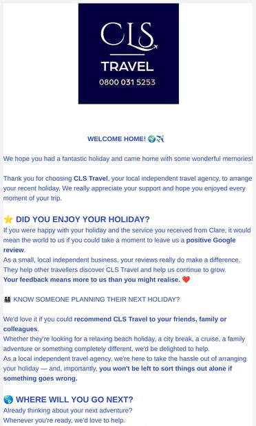 Grateful for Your Booking! Welcome Home from CLS Travel - email from CLSTravel