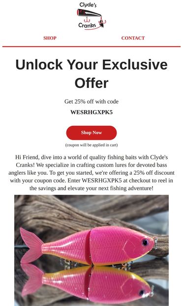 Your 25% Coupon Awaits - email from Clyde's Cranks