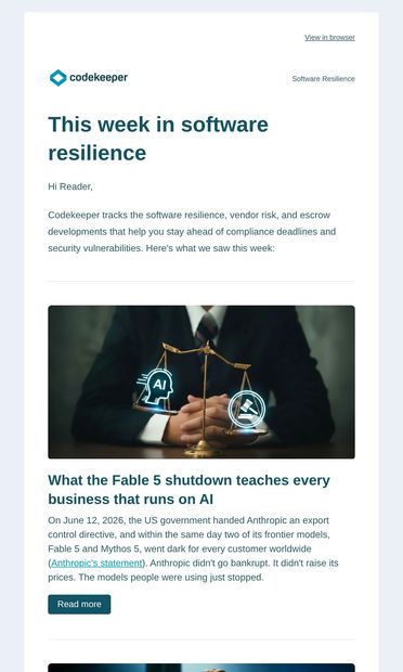 This week in software resilience - email from Codekeeper