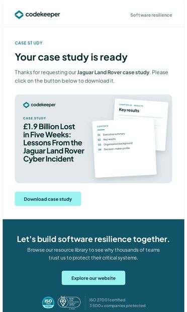 Codekeeper Case Study: Jaguar Land Rover - email from Codekeeper