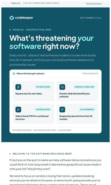 The Software Resilience Brief | What's threatening your software
right now? - email from Codekeeper
