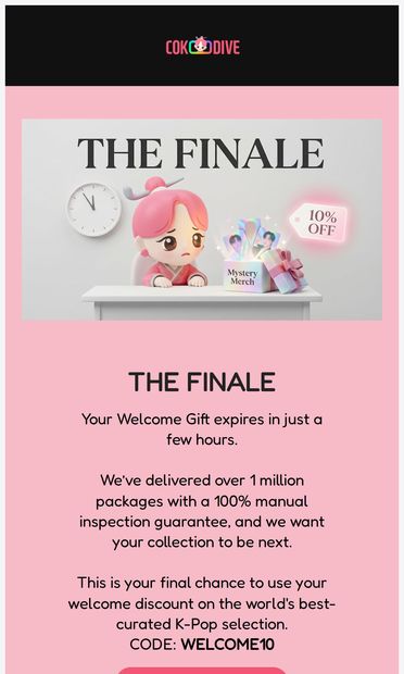12 hours after Email 3. Subject Line: RE: Your Gift (Final
 Reminder) - email from Cokodive