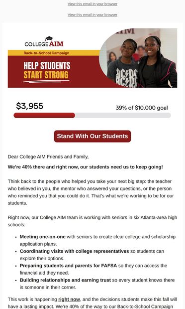 We’re 40% there. Will you stand with our students? - email from College AIM