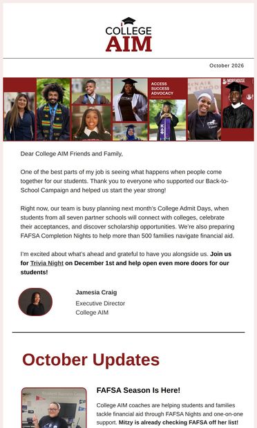 October Update: Opening Doors Together - email from College AIM