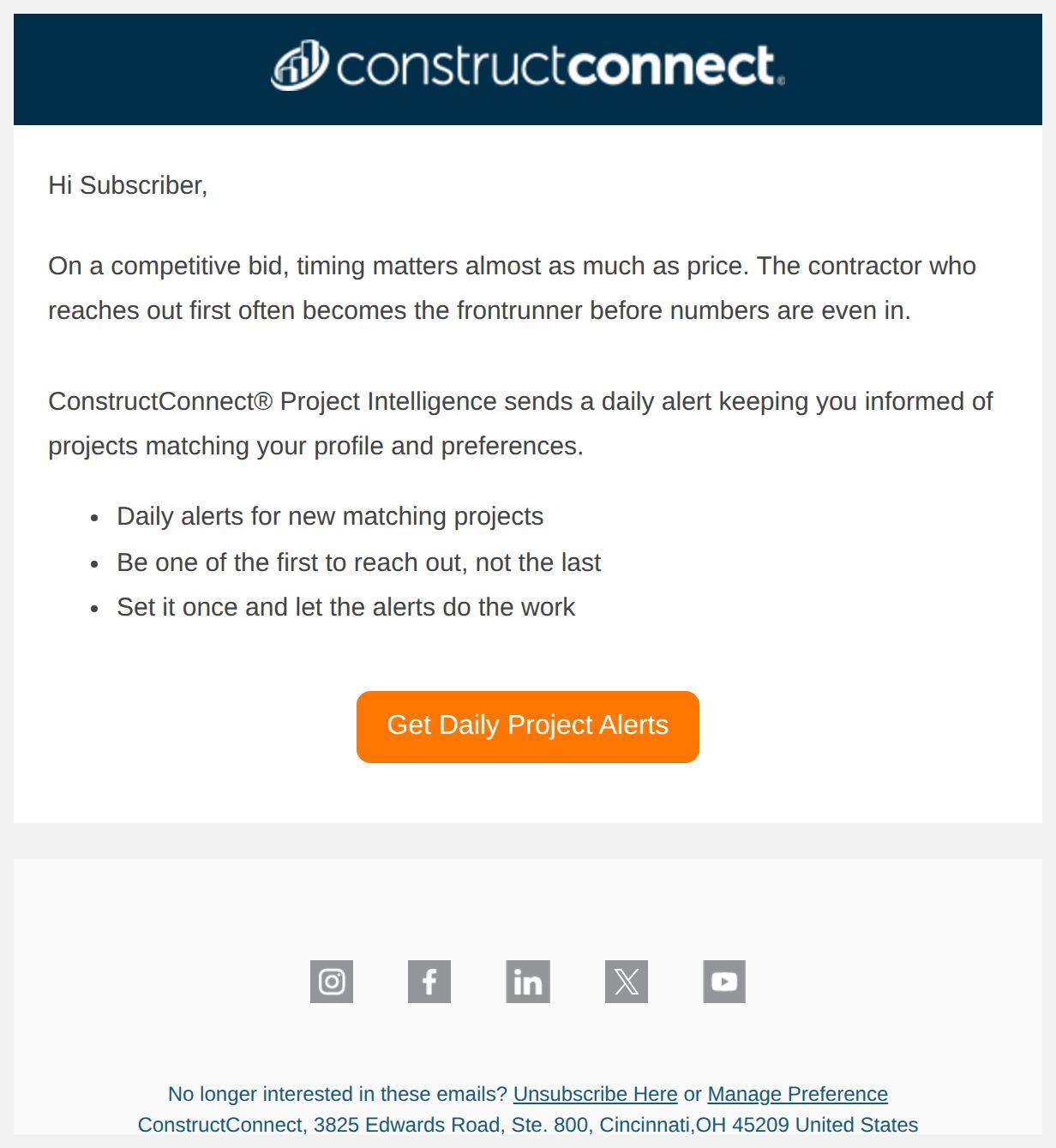 The first call usually wins the job - email from ConstructConnect