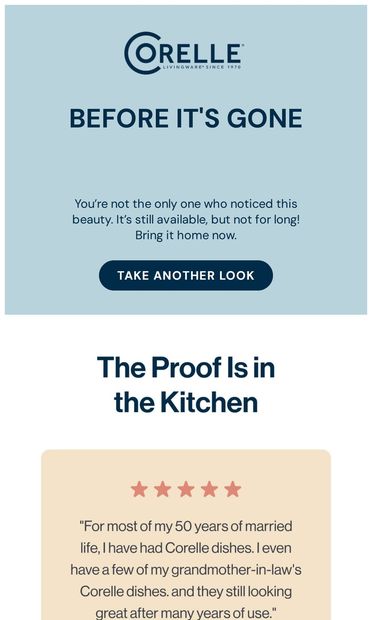 You’re Not the Only One Who Loved It - email from Corelle Brands