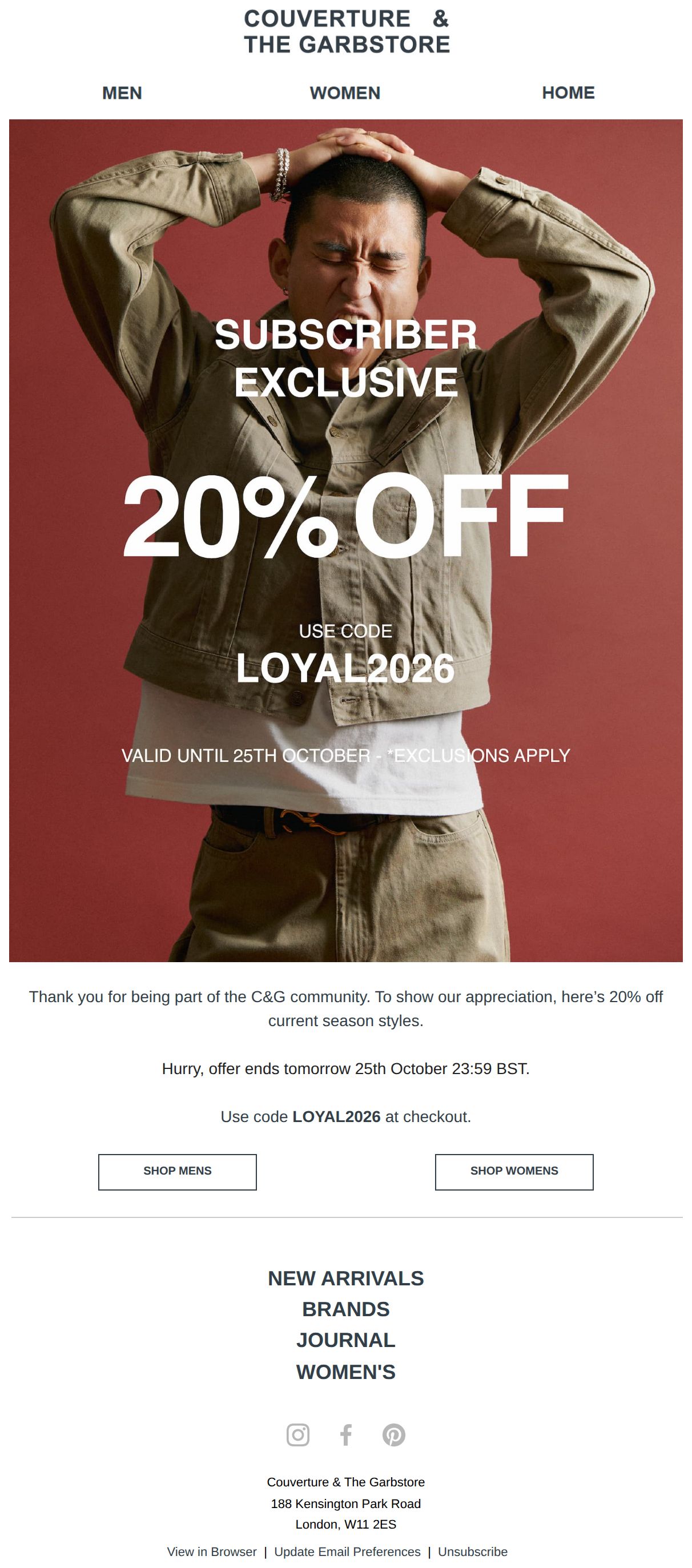 Last Chance: 20% off with LOYAL2026 - email from Couverture & The Garbstore
