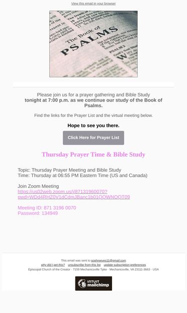 Thursday Prayer Time & Bible Study - email from Creator