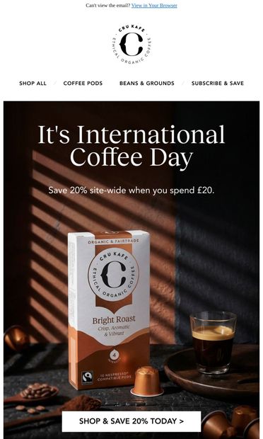 Celebrate International Coffee Day with us - email from CRU Kafe