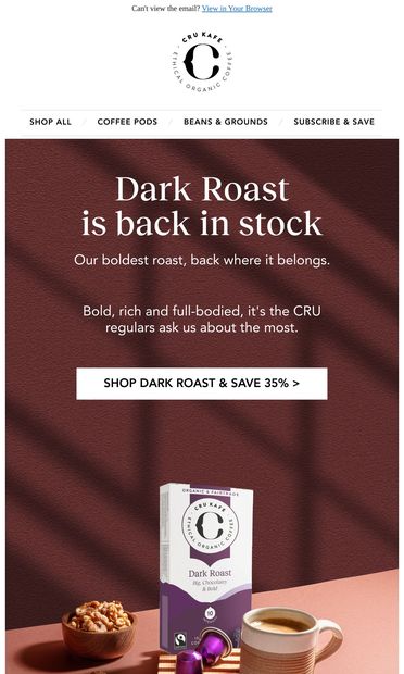 CRU's beloved Dark Roast is back! - email from CRU Kafe