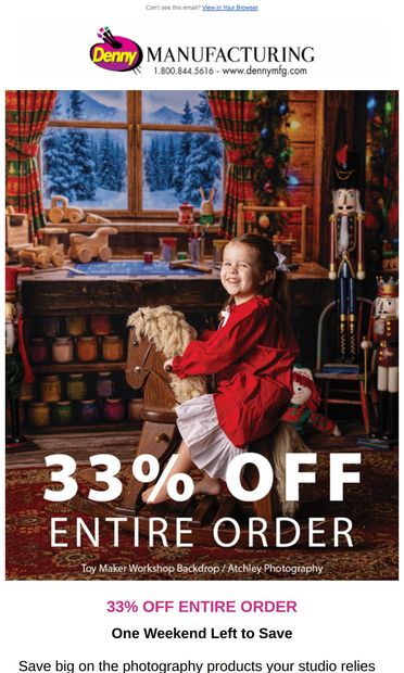 Final Weekend to Save 33% - email from Denny Mfg.