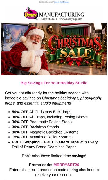 Christmas Backdrops Are 50% Off! - email from Denny Mfg.